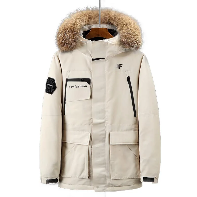 Мужская зимняя куртка толстая теплая 90% белая утиный пух с капюшоном натуральный