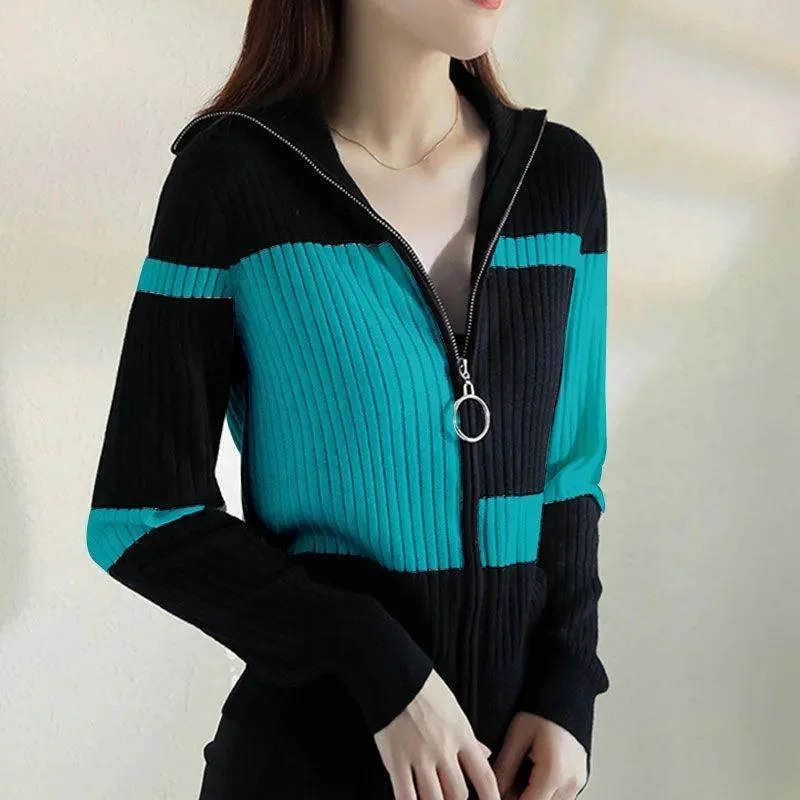 Women Knitted Sweater Jacket 2021 Female Autumn Wint Erstriped Slim Slimming Fashion Simple Contrast Color Zipper Cardigan A792 images - 6