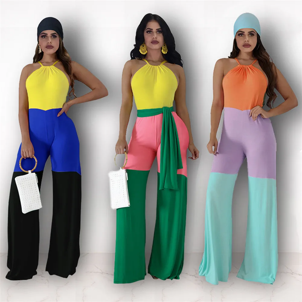 

Casual Jumpsuits Women Contrast Color Patchwork Halter Bandage Wide Leg Pants Romper Summer Female Clothes