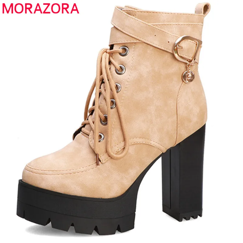 MORAZORA/женские ботильоны на очень высоком каблуке платформе со шнуровкой с круглым
