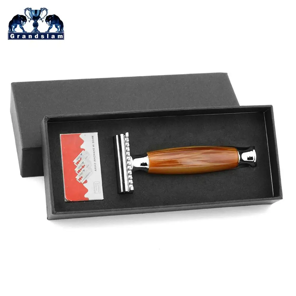 Brown Resin Handle Grandslam, три части, открытая расческа, двойная кромка, безопасная бритва, классическая профессиональная ручная безопасная бритва, бритва с 10 лезвиями - Цвет: Brown Resin Handle