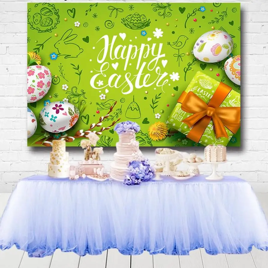 Green Grassland Spring Backdrop Painted White Eggs Rabbit Gift Box Happy Easter Photography Backgrounds Vinyl