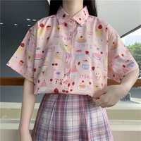 summer women short sleeved college style shirt blouse japanese cute lapel cake print girl shirt casual loose top