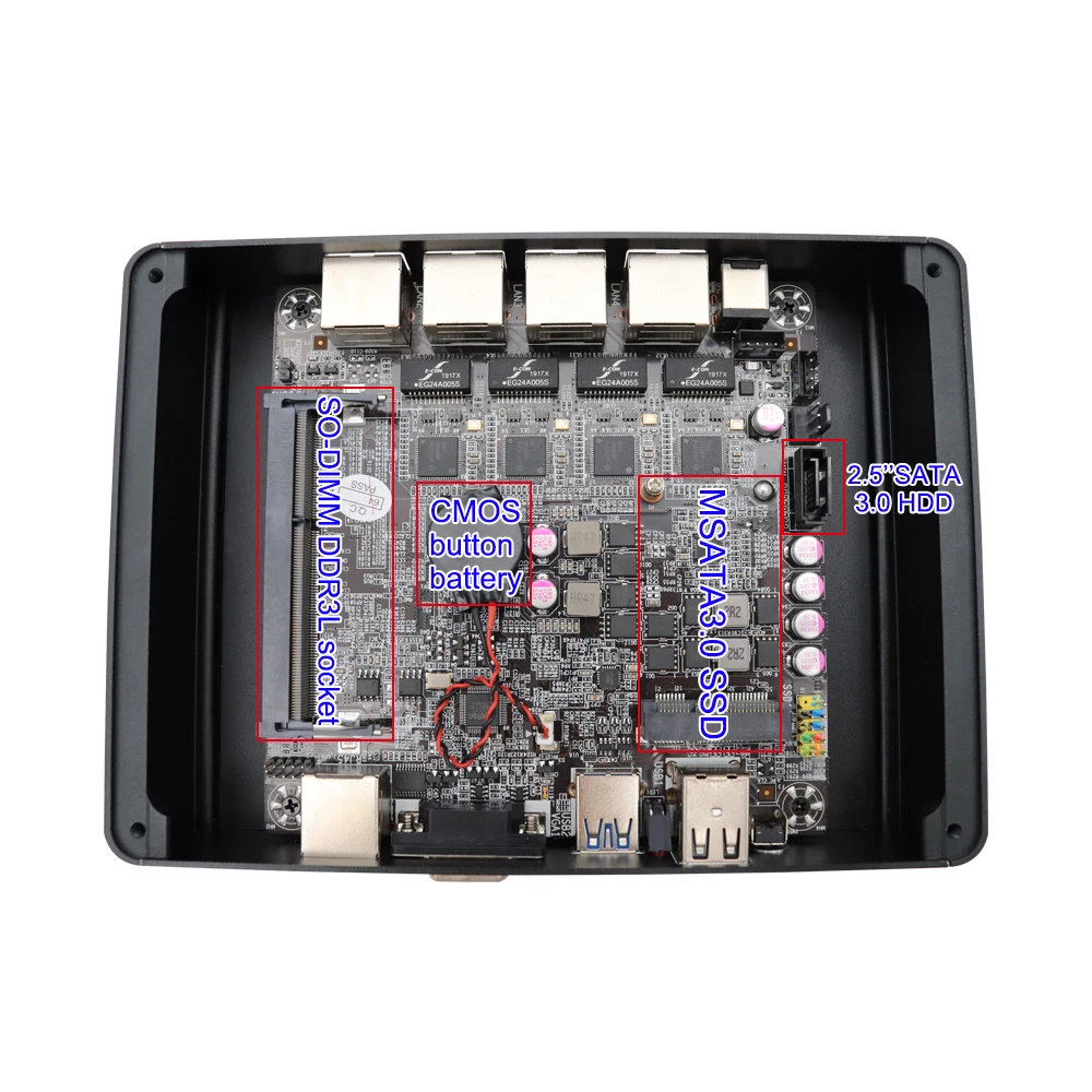 Безвентиляторный неттоп мини ПК J1900 Четырехъядерный 4 * Intel WG82583 гигабитная Lan