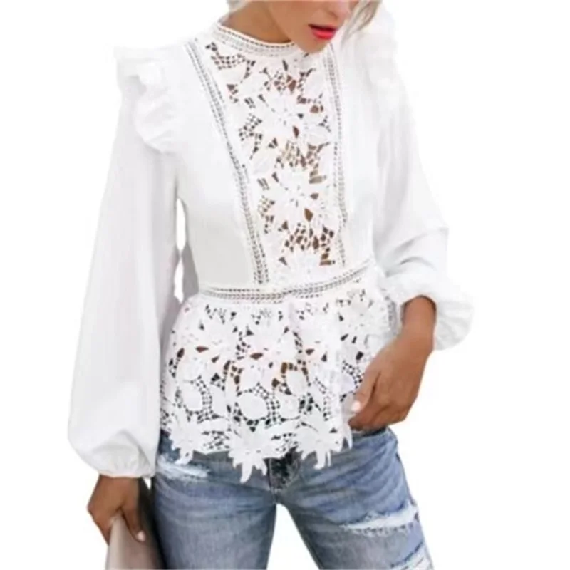 

2021 New Women Floral Lace Blouses Boho Long Sleeve White Top Ladies Ruffle Hollow Out Shirt Elegant Blouse Summer