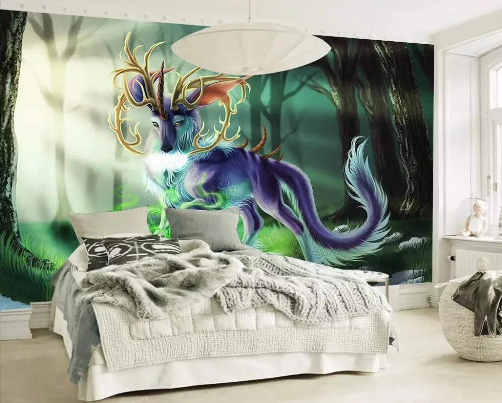 Пользовательские обои CJSIR Зеленый Солнечный свет лес лось олень 3d гостиная фон