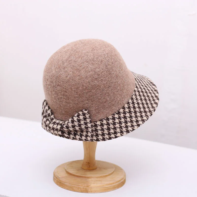New Warm Arrive Autumn Winter Fashion Wool Thickness Elegance Woman Bow Patchwork Hound Tooth Pattern Fedoras Panama Bucket Hat |