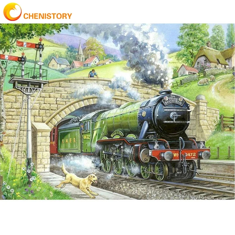 

CHENISTORY Acrylic Frame Diy Painting By Numbers Kits Wall Art Handpainted Oil Painting Train Landscape For Home Decors Art Diy