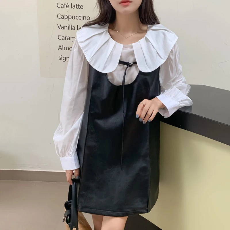 

Женское Плиссированное Платье-рубашка, элегантное однотонное платье из искусственной кожи на шнуровке с воротником «Питер Пэн» и длинным р...