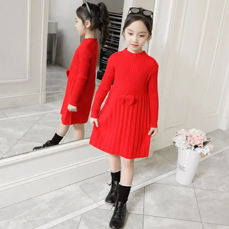 

Autumn Winter Kids Girls Fashion Solid Long Straight Sweater Knitted Dress Children Clothing O-neck Long Sleeves Dresses W232