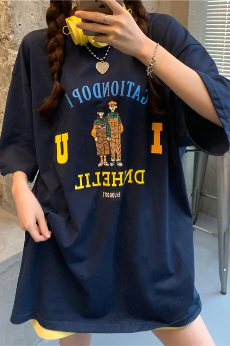 

Japanese Retro Cartoon Printed Short-sleeved T-shirt Women Korean Loose Couple Tops 2021 Summer