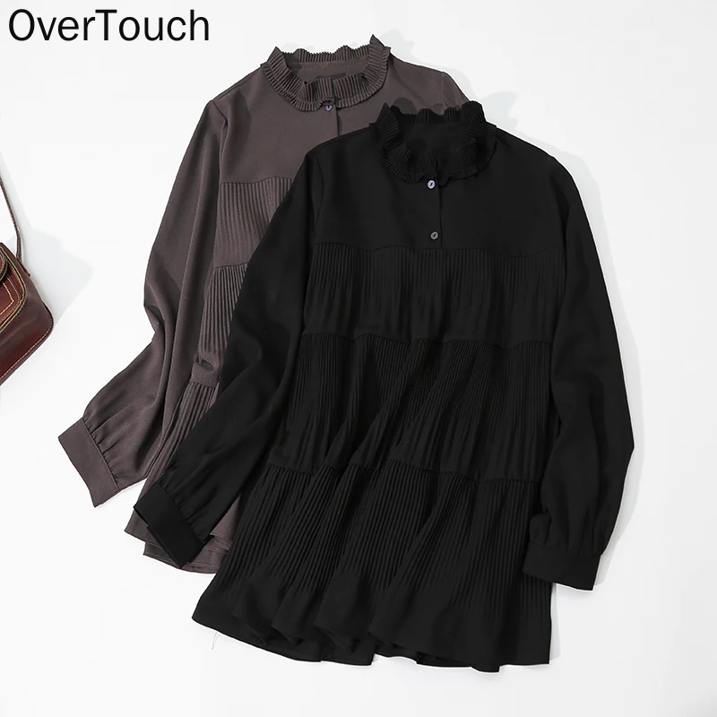 

2021 Plus Size Women Blouse Shirts Chiffon Thin Spliced O-Neck Casual Ruffle Summer Oversize 5XL Japanese Black Shirts