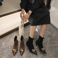 short women boots stretch ankle boots pointed toe metal chain back zipper sock boots fashion blackbrown winter boots woman 40