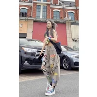 autumn new style fashion loose personality trend hit color was thin trendy brand hole wide leg button denim cropped jeans women