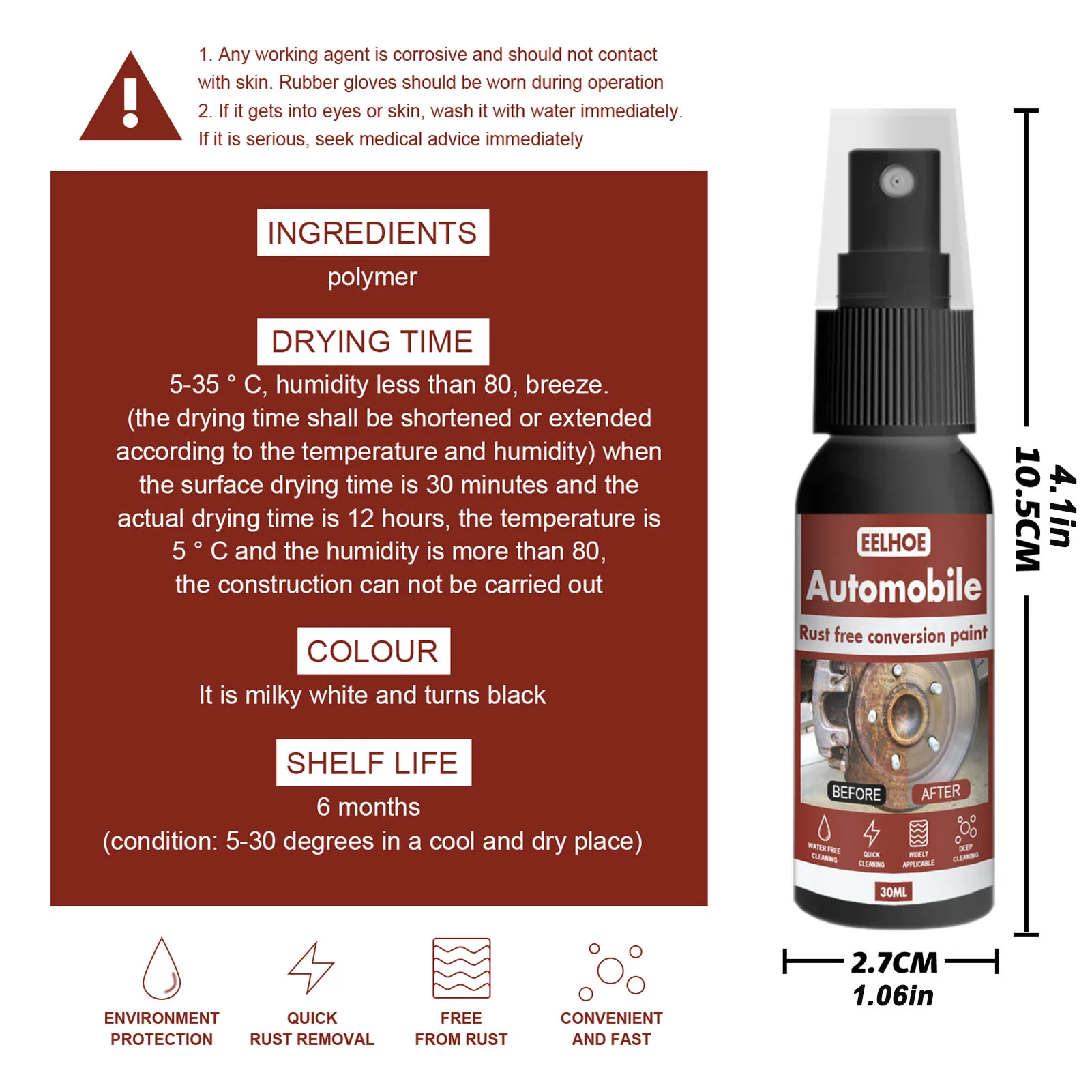 

30ML Multifunctional Car Rust-Free Conversion Paint Auto Anti-Rust Remover Cleaning Spray for Paint Metal Surface Plastic