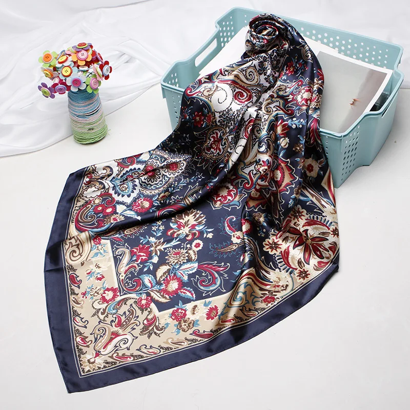 

Square Scarves Women Chain Print Sunscreen Scarf Female Silk Satin Long dual-use Shawl Beach Towel Shawl cashew chrysanthemum