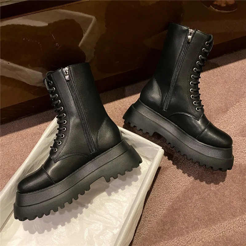 

2021 Women Ankle Boots Round Toe 6cm Heel Zip And Lace Up Round Toe Non-slip Platform Fashion Shoes For Woman Plus Size 39