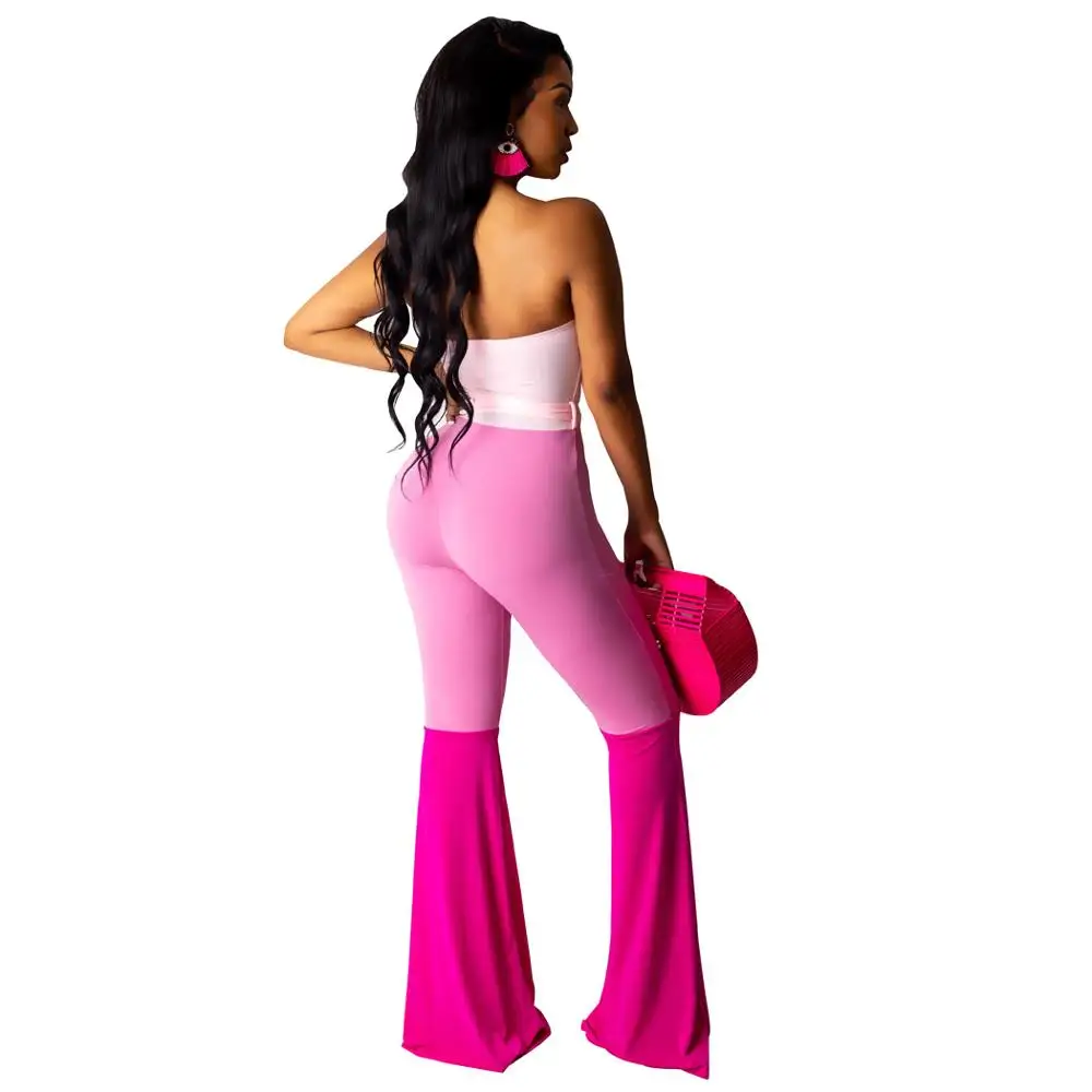 

Off The Shoulder Backless Sexy Jumpsuit Strapless 3 Color Patchwork Sleeveless Pink Women Bandage Sashes Plus Size Club Overalls