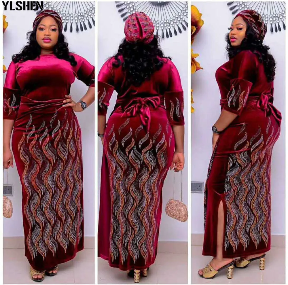 

Velvet African Dresses for Women Dashiki Both Side Diamonds Robe African Clothes Plus Size Clothing Africa Maxi Dress With Scarf