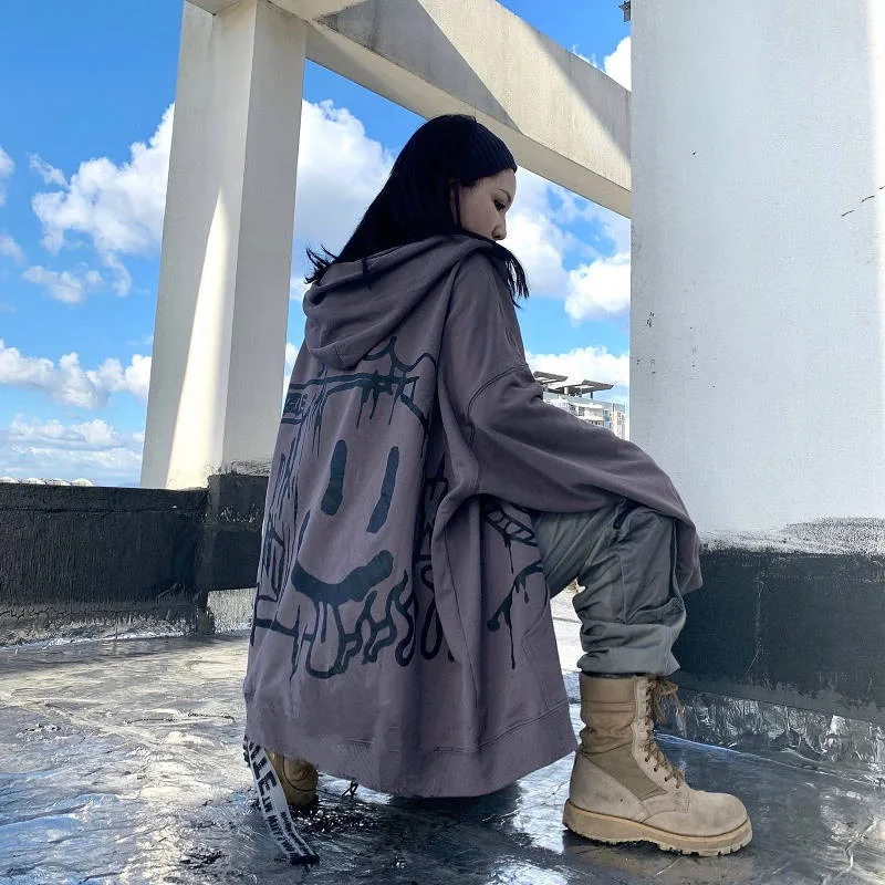 

Punk Hoodie Women Harajuku Smile Printed Hoodie Girl Funny Hip Hop Winter Tops Autumn Cool Jacket Streetwear Females