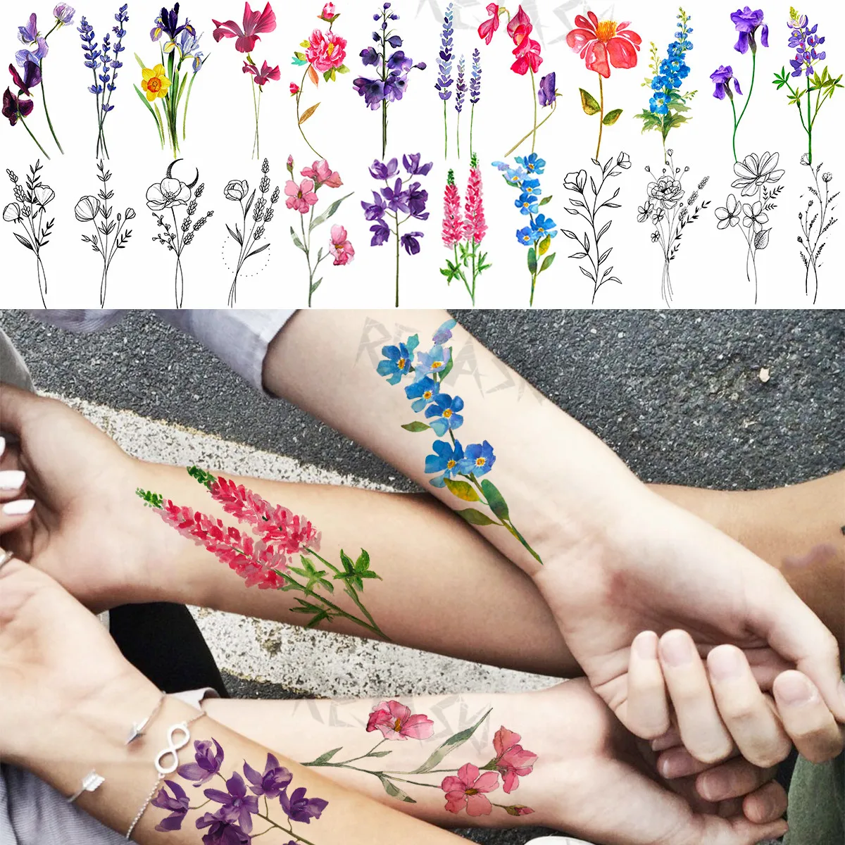 

Hyacinth Daisy Temporary Tattoos For Women Girl Lavender Peony Fake Tattoo Sticker Daffodil Tulip Wrist Fashion Waterproof Tatoo