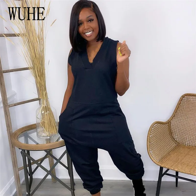 

WUHE S-5XL Casual Sports Jumpsuits Sexy V Neck Pockets Sleeveless Off Shoulder Summer Women Fitness Party Streetwear Overalls