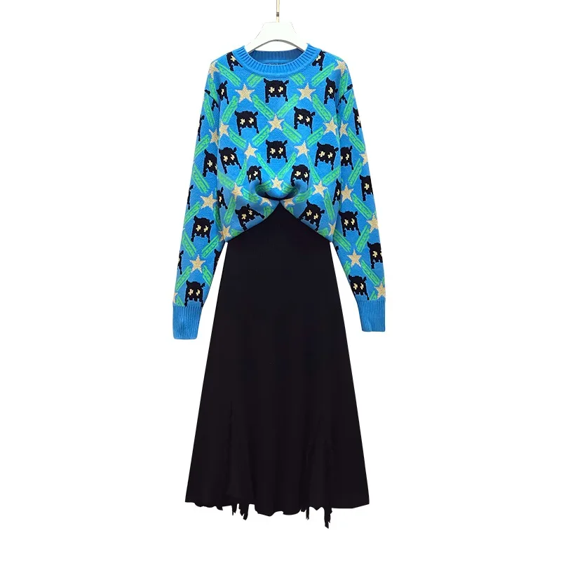 

Plus Size Women's 2020 Autumn New Style Fat Sister Loose Slim Sweater Western Style Skirt Two-piece HK066