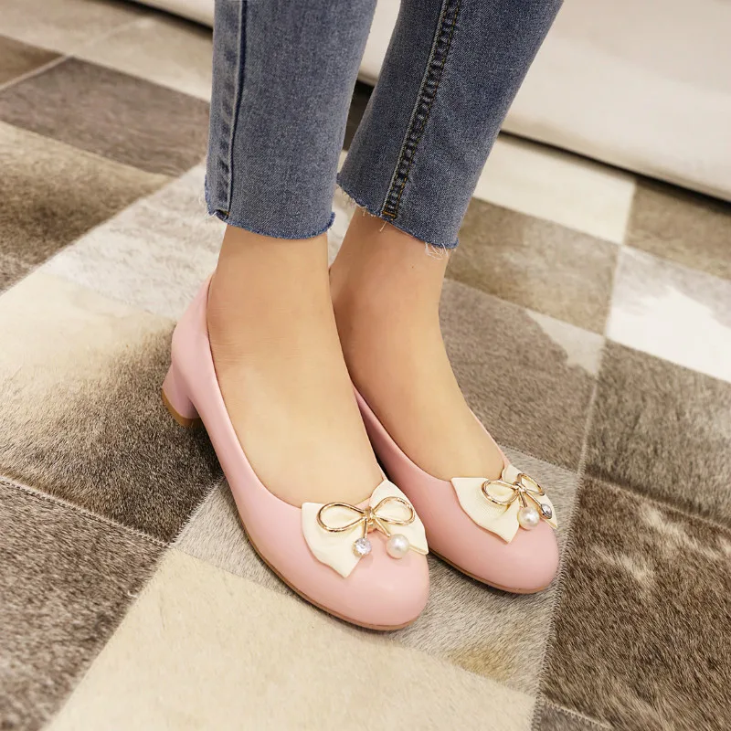 Туфли лодочки женские на низком каблуке Повседневная модная обувь с бантом