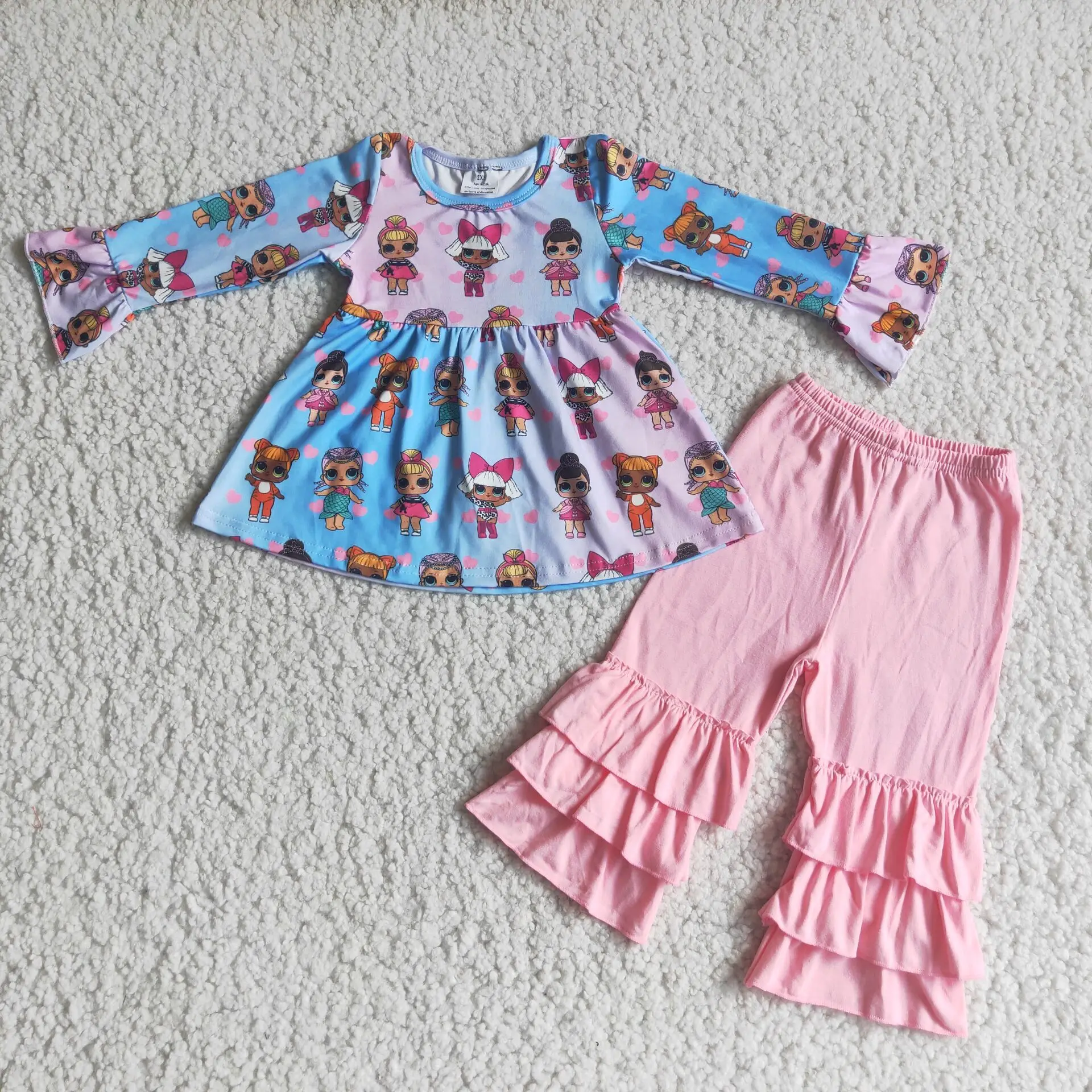 

Autumn Winter Girl's Big Head Doll LOL Long Sleeved Top And Pink Ruffle Trousers Kids Clothing