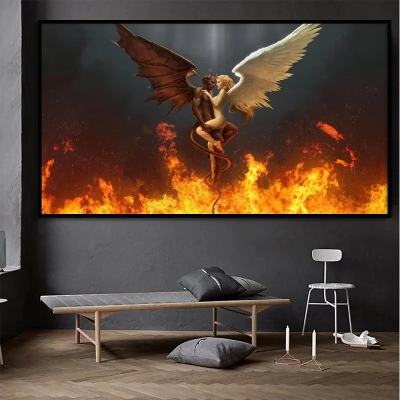 Черно-белое крыло холста с изображением Дьявола и Ангела Любви.