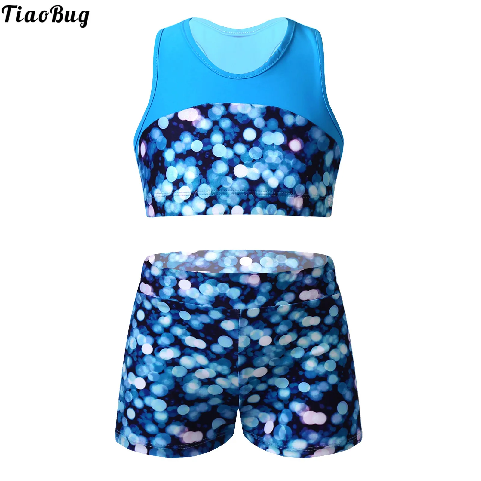 

TiaoBug Summer 2Pcs Kids Girls Swimsuit Round Neck Sleeveless Racer Back Cropped Top And Shorts Set Beach Bathing Pool Swimwear