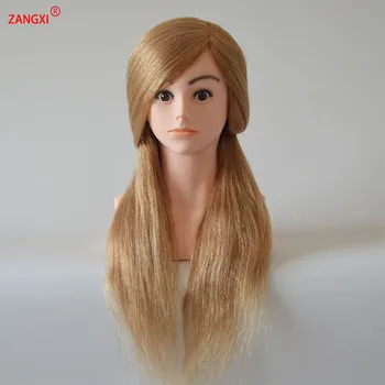 27# Gold 100% Human Hair Mannequin Head High Grade Doll Head For Beauty Hairstyle Women Hairdresser Training Head  With Shoulder