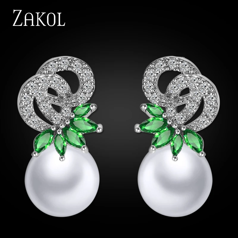 Green ZAKOL, классические серьги-гвоздики с искусственным жемчугом и цирконием для женщин, Роскошные вечерние серьги-гвоздики с кристаллами для невесты - Окраска металла: Green