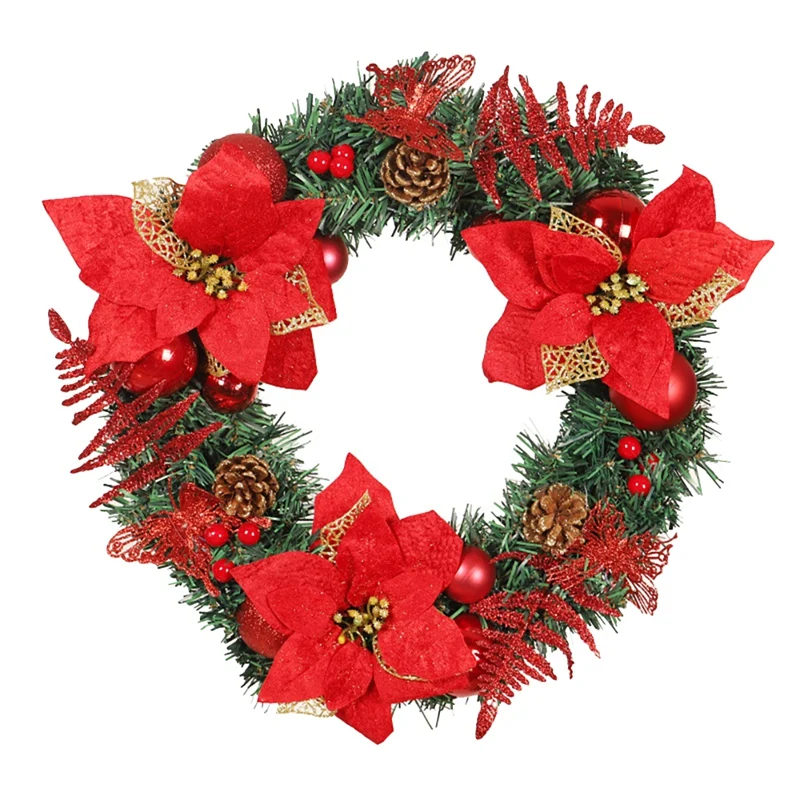 

Artificial Christmas Flower Wreath with Pine Cones Ball for Front Door Wall Window Farmhouse Home Decoration