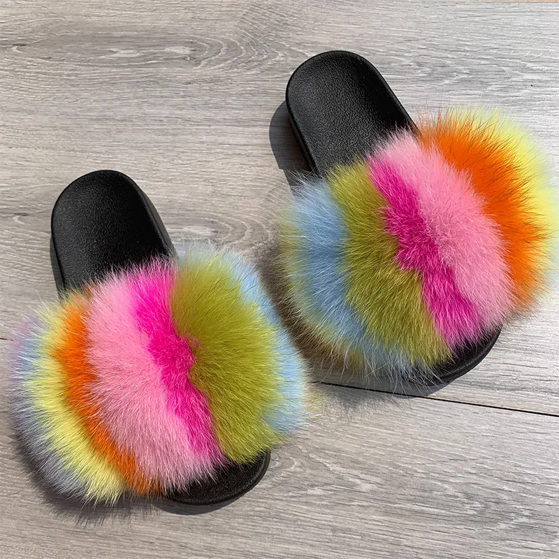 

Women Colorful Fox Fur Slippers Ladies Fluffy Slides Female Cute Sandals Girl's Fashion Home Flip Flops Luxury Plush Party Shoes