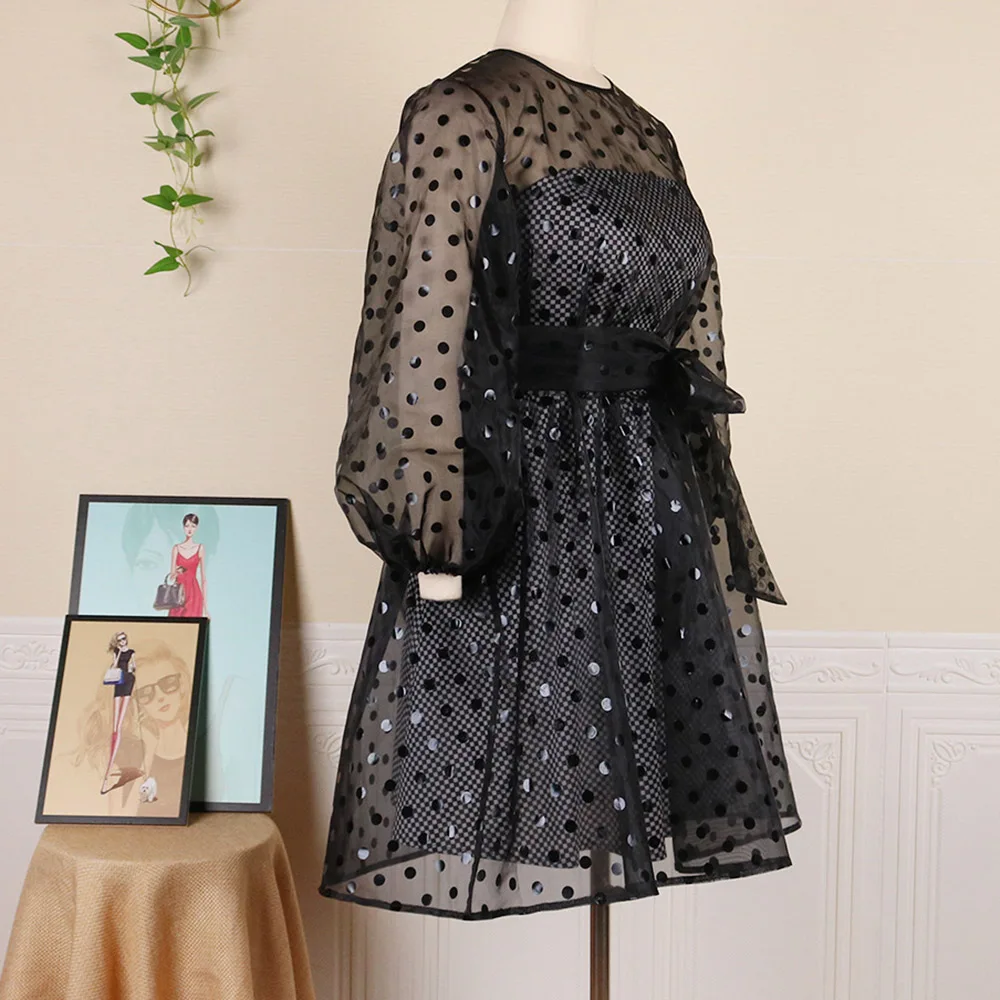

Brand Mesh Black Plaid Dress Patchwork Round Neck Sexy Sheer Polka Dot Print Two Piece Cute African Women Plus Size Dress Office