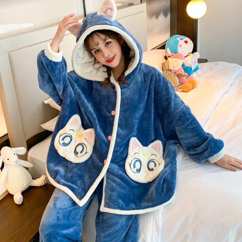 Flannel Hooded Nightgown Women Sleepwear Winter Pajamas Plus Size XXXL Intensification Loose Version Coral Fleece Nighty