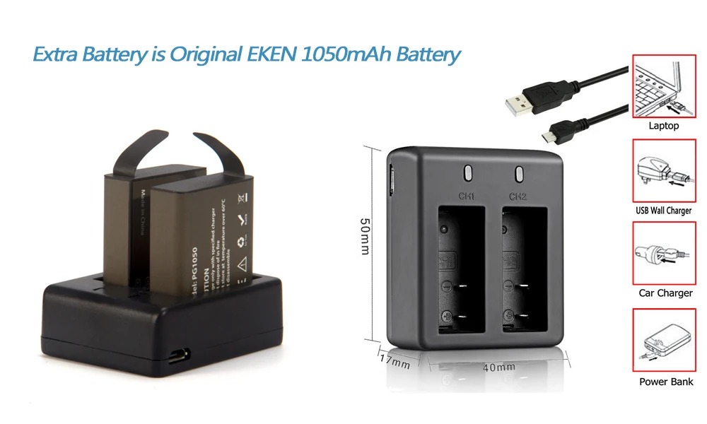Eken 2 шт./компл. 3,7 в PG 1050 мАч батарея для eken SJCAM Экшн-камера h9r h8r h6s h5s H3r C30 F68 SJ4000 с двойным зарядным устройством