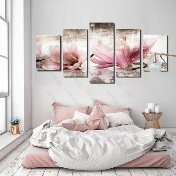 

Modern Style Canvas Material Decoration Painting Pink Flower Porcelain Board Mirror Pattern Background Poster Living Room