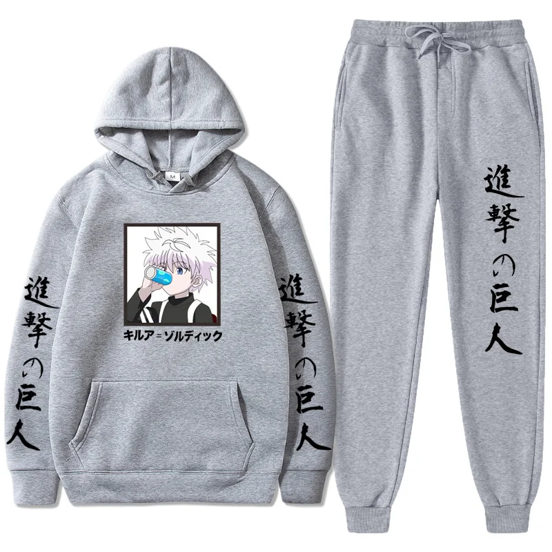 

Autumn Winter New Hip Hop Funny Japanese Anime Printed Plus Fleece Men Hoodies Sweatshirts+Pant Fashion Hoody Casual Sportswear