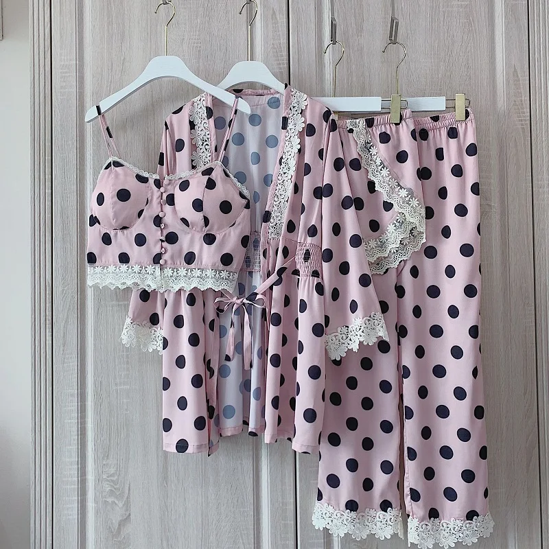 Новый женский весенне летний Пижамный костюм в горошек из четырех предметов