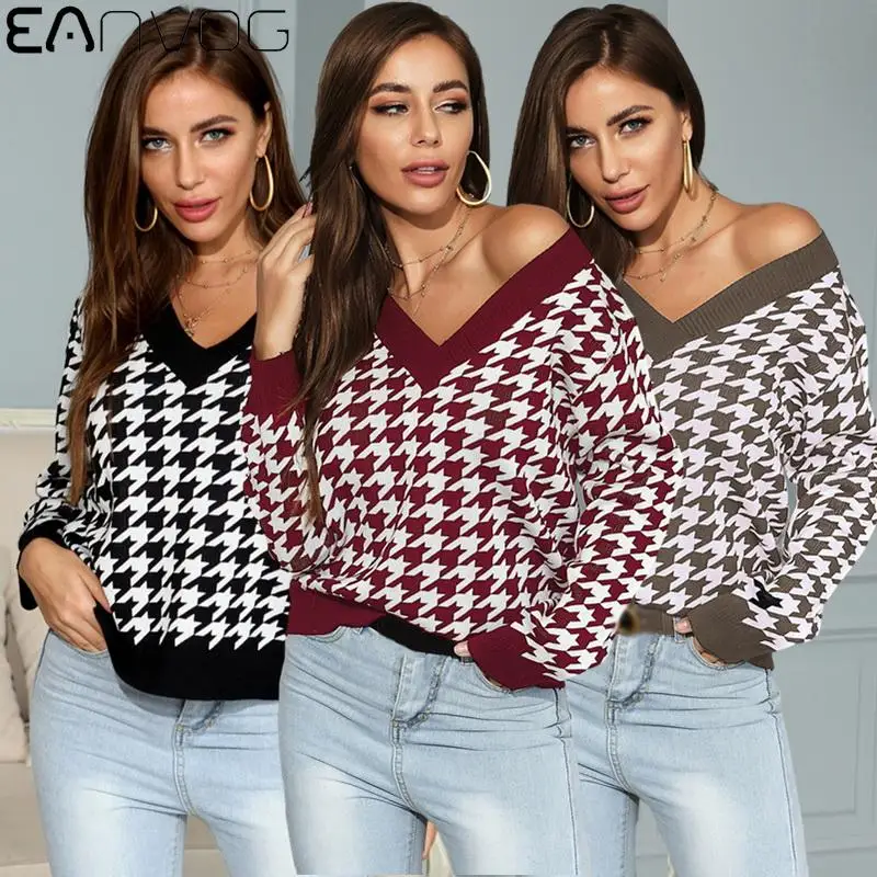 

New Winter Thousand Bird Check Sweater Women 's Slim V-Neck Versatile Knitwear Fashion Casual Thousand Bird Plaid Pullovers