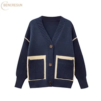 oversized women sweater autumn and winter loose and comfortable with large pockets color matching v neck button knitted cardigan