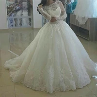 2015 glamorous jewel lace bodice appliqued long sleeve puffy princess wedding dresses