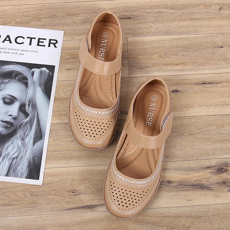 

Women Mary Janes Flats Shoes 2021 New Hollow Breathable Soft Ladies Flats Shoes Big Size PU Leather Classic Footwear