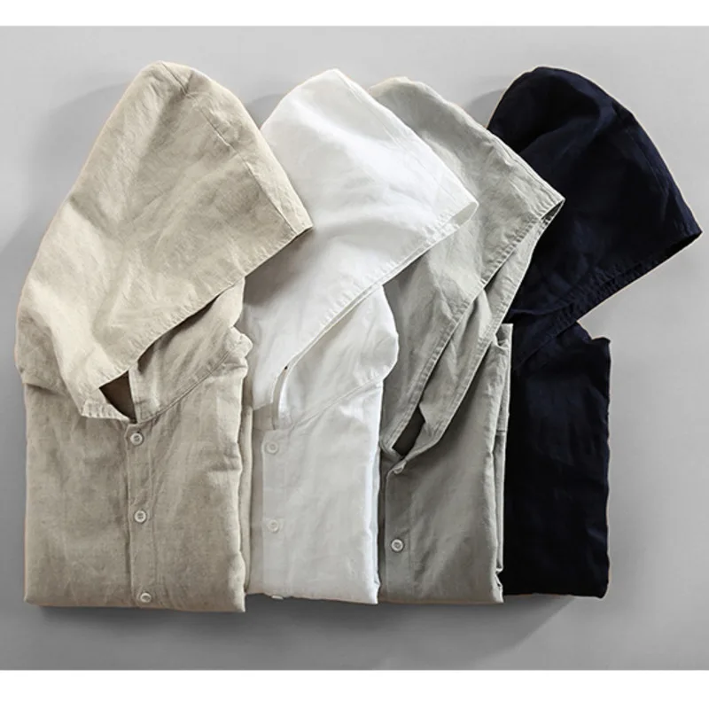 Рубашка Мужская льняная с капюшоном модная брендовая японская Блузка цвета хаки