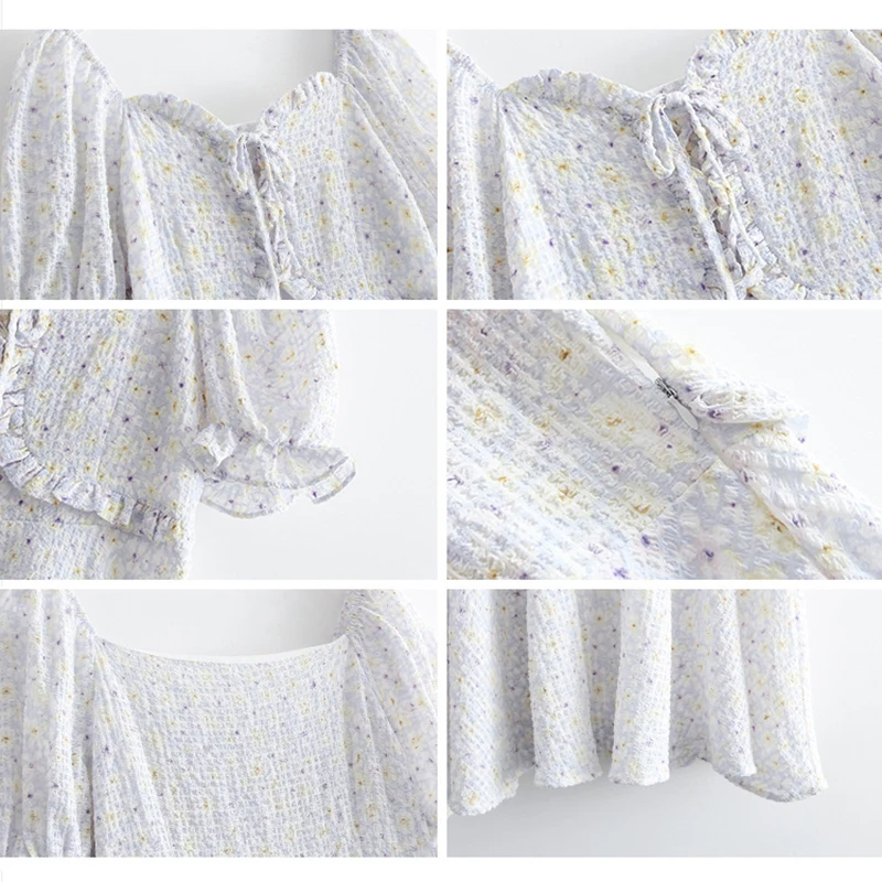 

21 Summer Korean Sweet Dress Floral Print Square Collar Puff Sleeve Mini Dresses Women Green Blue Elegant Dress Female CX1792