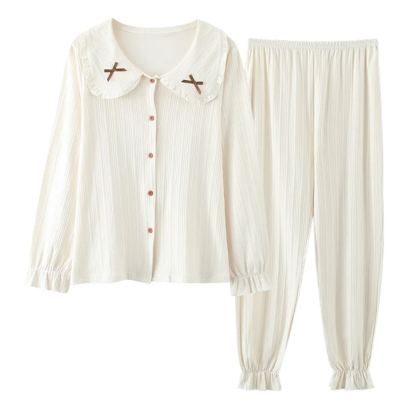 

M-4XL Women Long Sleeve Pajamas Set Autumn Winter Knitted Cotton Female Sleepwear Suits Loose Soft Nighty Homewear