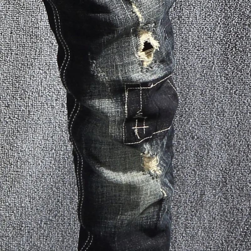 American Street Fashion Men Jeans Retro Black Blue Elastic Slim Fit Ripped Jeans Men Patches Designer Hip Hop Denim Punk Pants