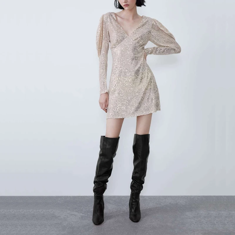 Осеннее женское Повседневное платье одноцветное с v образным вырезом и длинными